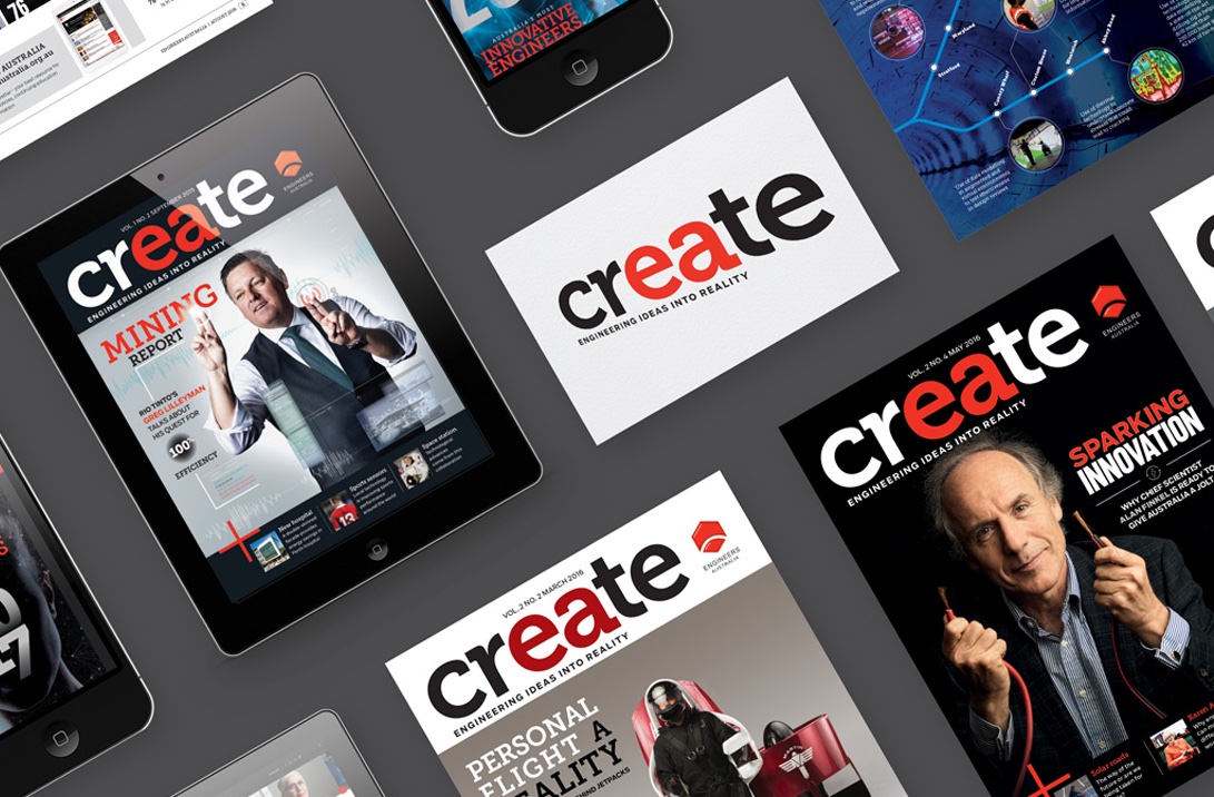 Engineers Australia Create magazine covers and devices, angled flat lay