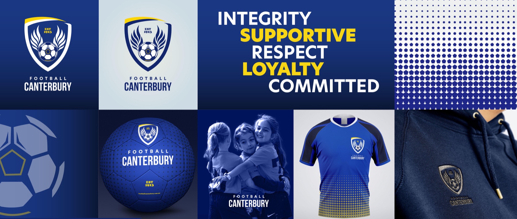 Football Canterbury brand collage — crest, ball, jersey and team photography