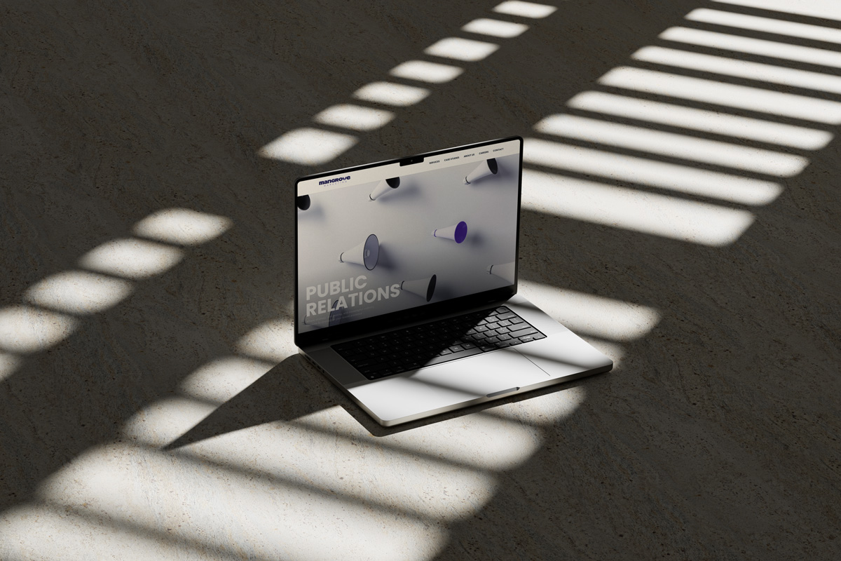 Mangrove Marketing website, Public Relations service page shown on laptop