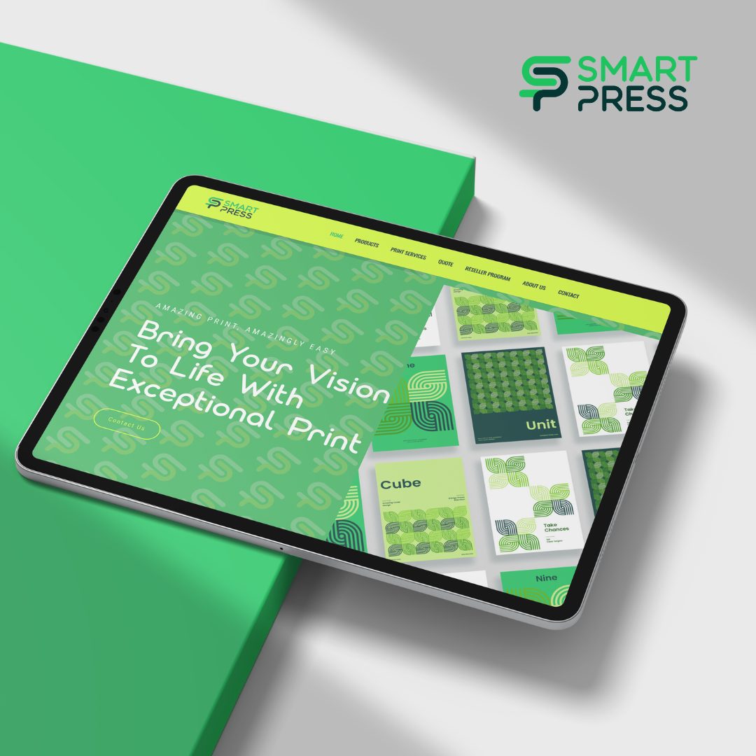 Smart Press website print effects and paper stocks pages on tablet